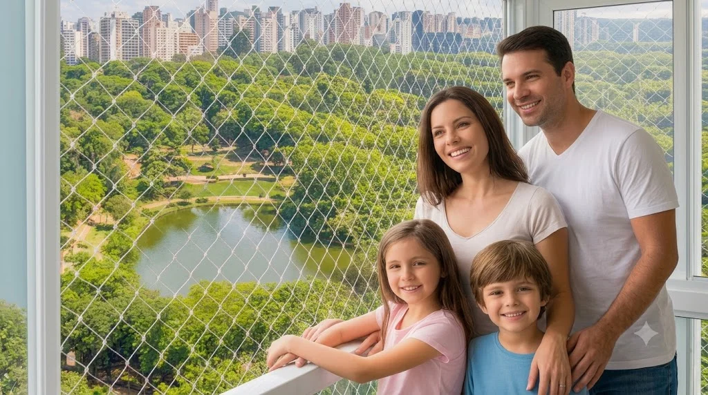 Família feliz e segura com redes de proteção instaladas pela Martins Redes